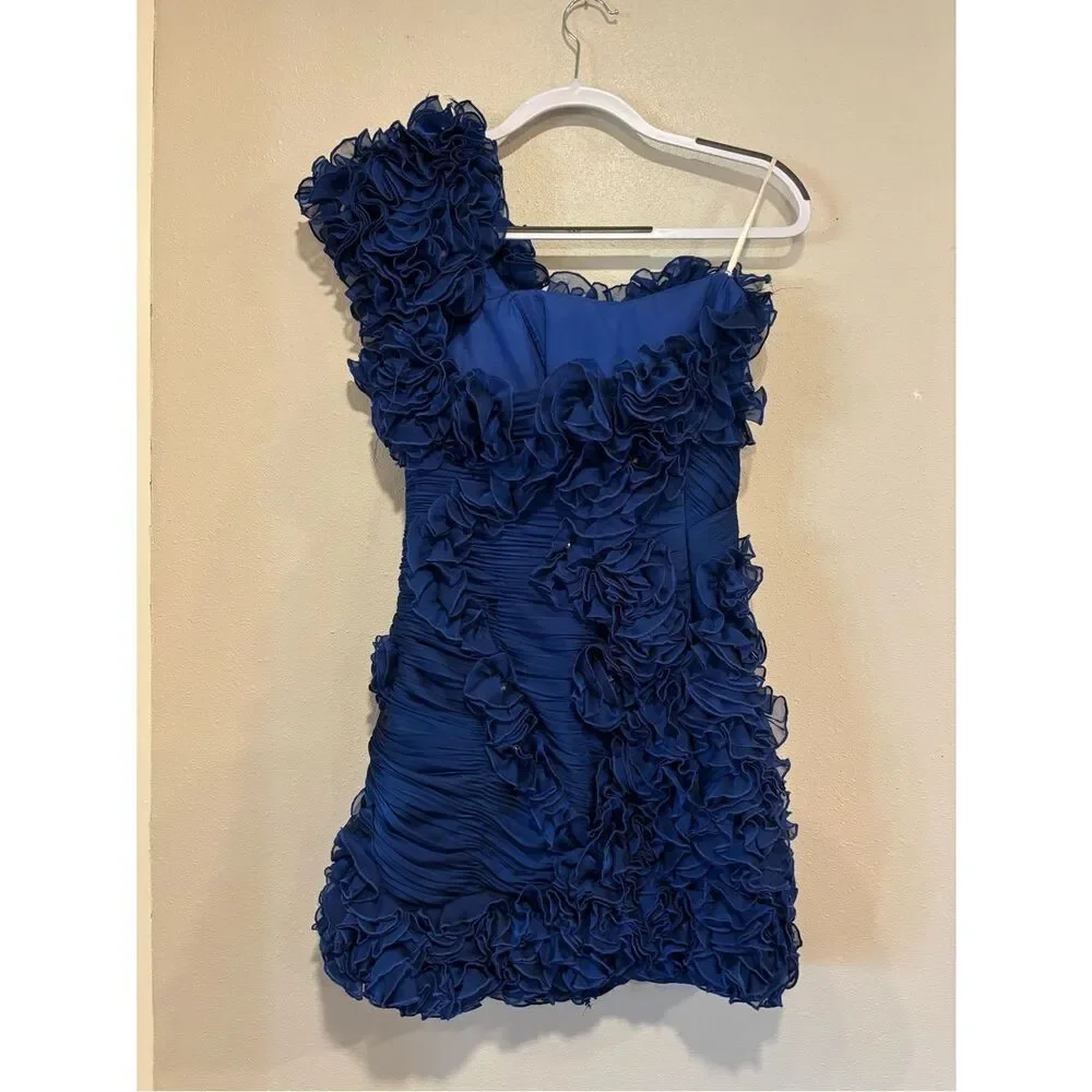 Mac Duggal Couture Blue One Shoulder Ruffle Mini Dress Size 6